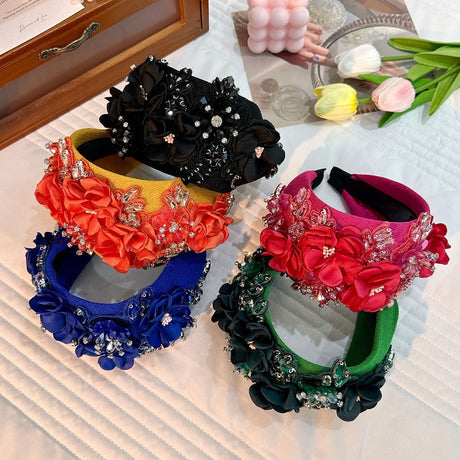 Solid color fabric flower oversized wide edged crystal headband - V.I.P Digital Presence