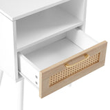 15.75" Rattan End table with drawer and solid wood legs Modern nightstand side table for living room  white - V.I.P Digital Presence