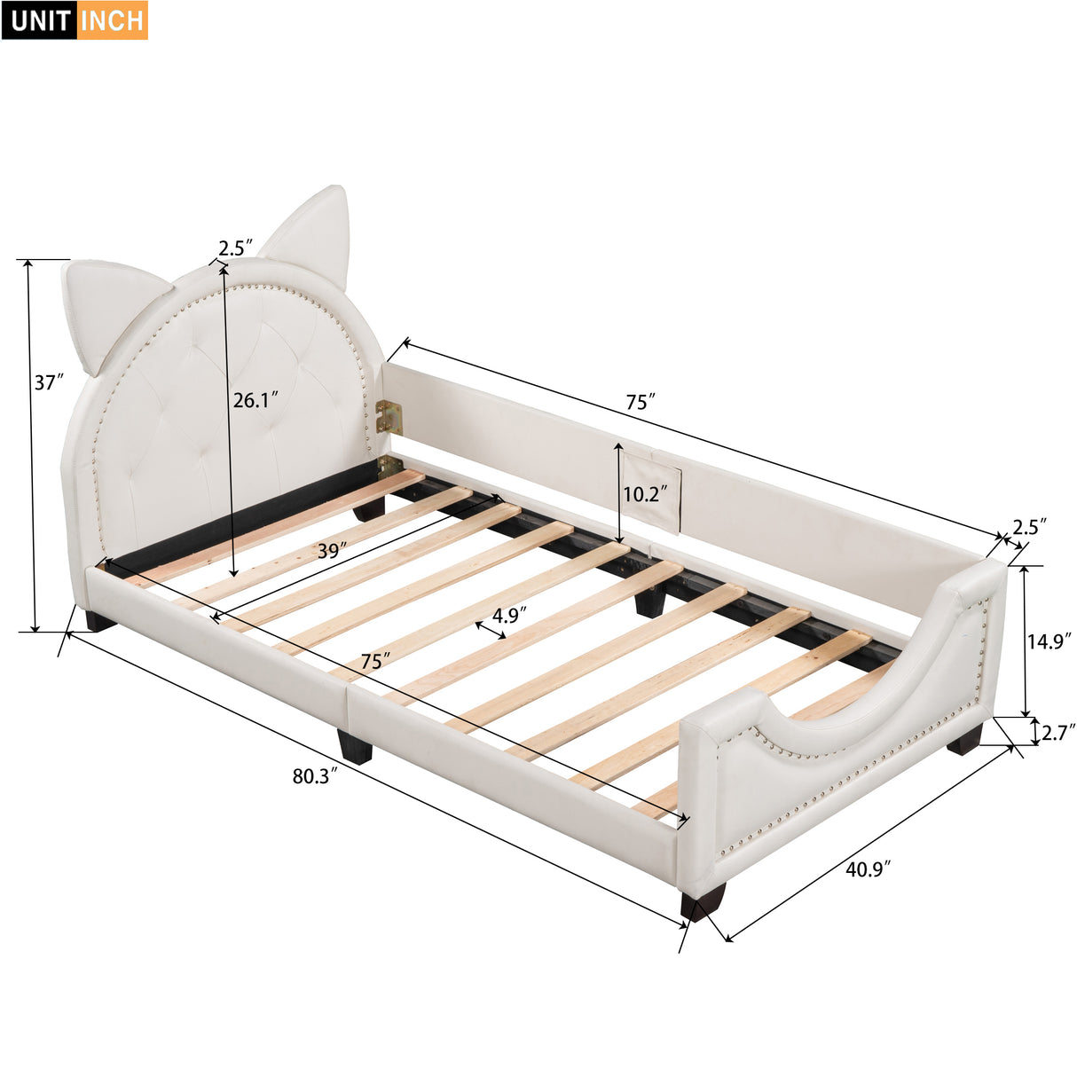 Twin Size Upholstered Daybed with Carton Ears Shaped Headboard  White
