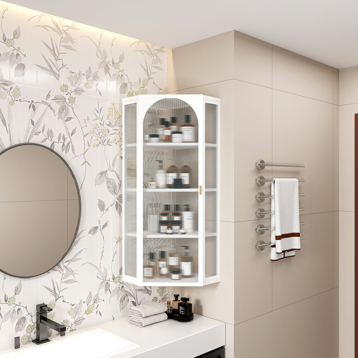 Glass Door Wall Mounted Corner Cabinet with Featuring Four-tier Storage  White