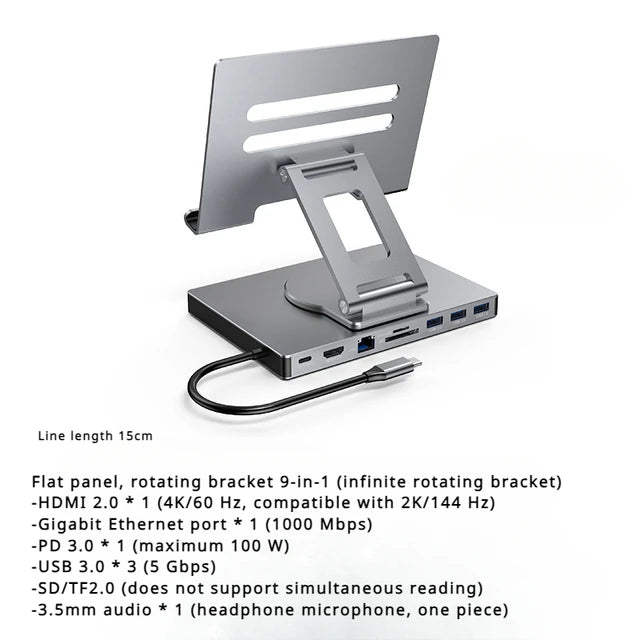 Concentrador/convertidor divisor USB 3.0 con puerto Gigabit Ethernet 4K/60 Hz, soporte giratorio de panel plano, estación de acoplamiento tipo C