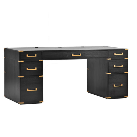 70 inch classic and traditional executive desk with metal trim, writing desk with 2 file drawers, USB ports, and sockets, black - V.I.P Digital Presence