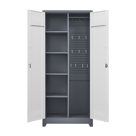 Metal storage cabinets, lockable cleaning tool cabinets, high broom tool organizers, and large storage cabinets in storage store - V.I.P Digital Presence