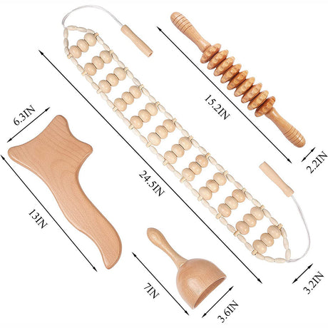 Beech wood therapy scraping cup, meridian dredging roller, tendon rolling stick, scraping board, head massager, massage set - V.I.P Digital Presence