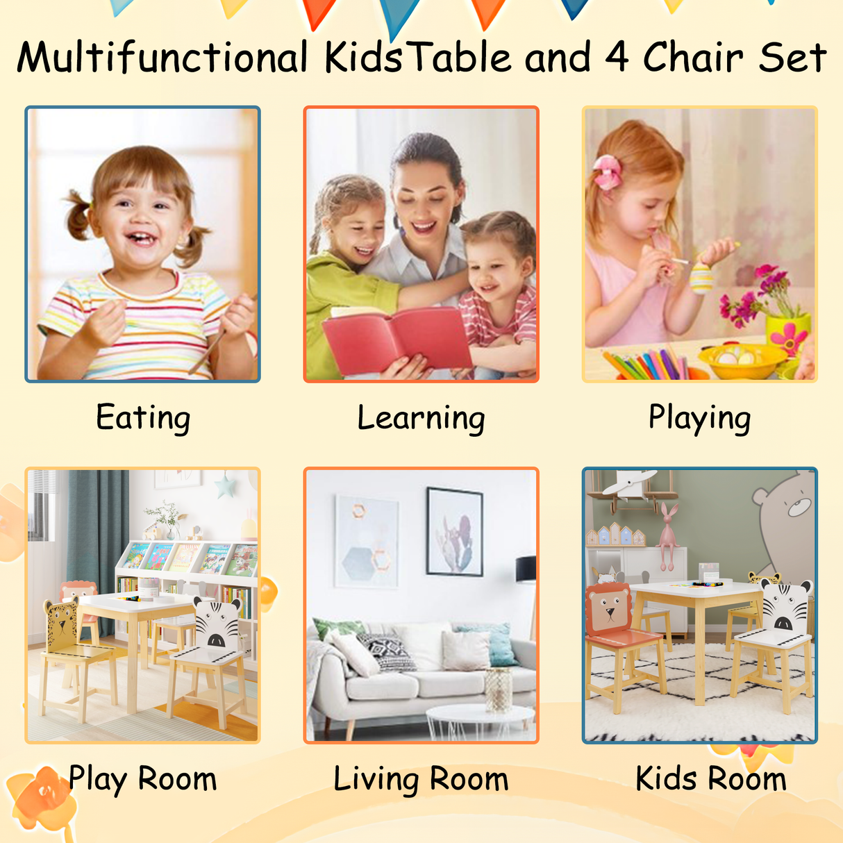 5 Piece Kiddy Table and Chair Set  Kids Wood Table with 4 Chairs Set Cartoon Animals (bigger table) (3-8 years old) - V.I.P Digital Presence