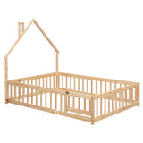 Full House-Shaped Headboard Floor Bed with Fence Natural - V.I.P Digital Presence