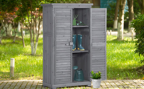 Wooden Garden Shed 3-tier Patio Storage Cabinet Outdoor Organizer Wooden Lockers with Fir Wood (Gray Wood Color -Shutter Design) - V.I.P Digital Presence