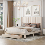 Queen Size Storage Bed Velvet Upholstered Platform Bed with a Big Drawer - Beige - V.I.P Digital Presence