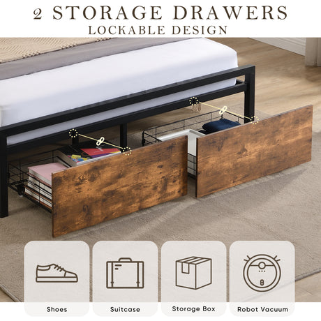 Full size bedstead with storage headboard and 2 drawers, LED light bed with charging station, metal Flat noodles support - V.I.P Digital Presence