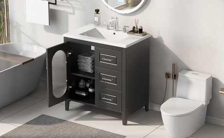 30" Bathroom Vanity with Sink, Bathroom Vanity Cabinet with Two Drawers and Door, Adjustable Shelf, Solid Wood and MDF, Black - V.I.P Digital Presence