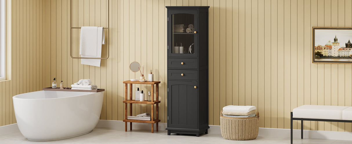Tall Bathroom Storage Cabinet with Glass Doors, Free-Standing, Two Drawers, and Adjustable Shelves, MDF Board, Painted Black - V.I.P Digital Presence