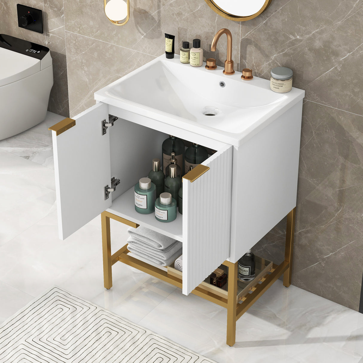 24" Bathroom Vanity with Sink, Bathroom Vanity Cabinet with Two Doors and Gold Metal Frame, Open Storage Shelf, White - V.I.P Digital Presence