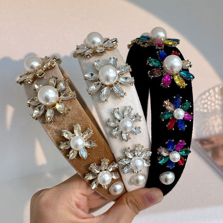 Retro Baroque Large Pearl Flower Set with Colorful Diamonds Fashion Hair Hoop - V.I.P Digital Presence