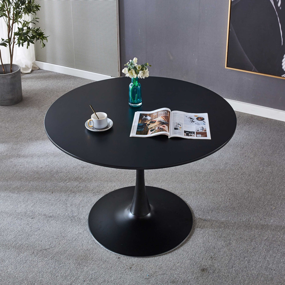 42.1"Black Tulip Table Mid-century Dining Table for 4-6 people With Round Mdf Table Top Pedestal Dining Table