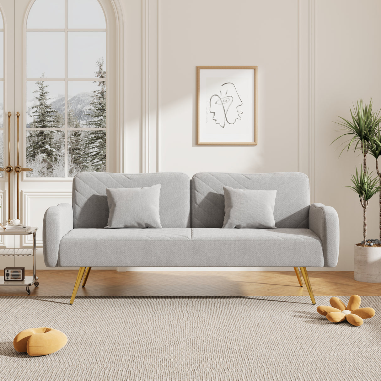 70.47" Gray Fabric Double Sofa with Split Backrest and Two Throw Pillows