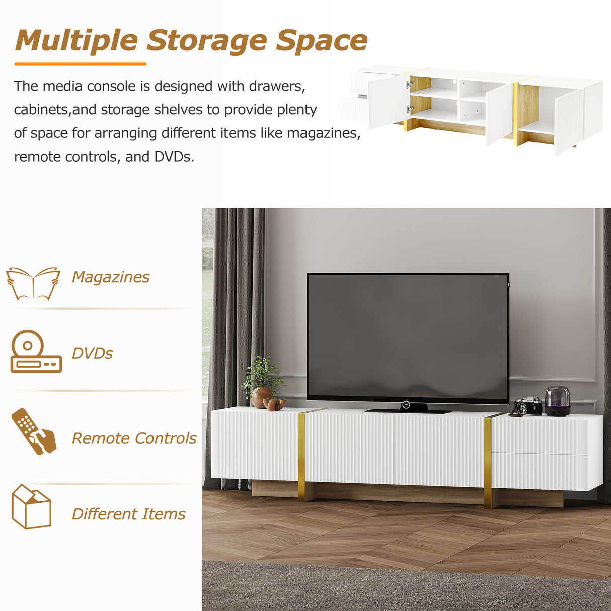 Luxury Fluted TV Stand for TVs Up to 80'', Modern Entertainment Center with Storage Cabinets & Drawer White - V.I.P Digital Presence