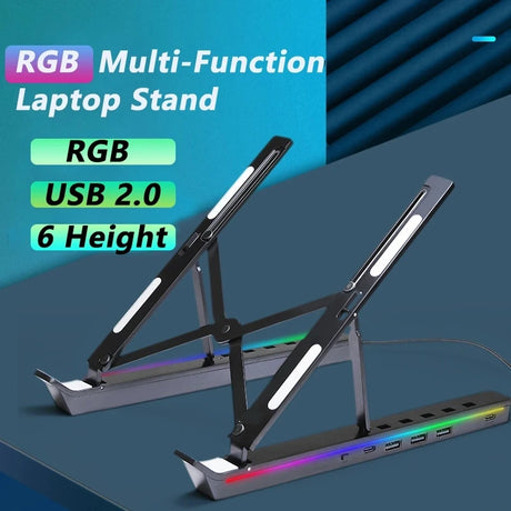 RGB Laptop Stand Adjustable 6 Gear Height Heat Dissipation USB Type-c Hub Ergonomic Notebook Holder for MacBook Tablet Phone - V.I.P Digital Presence