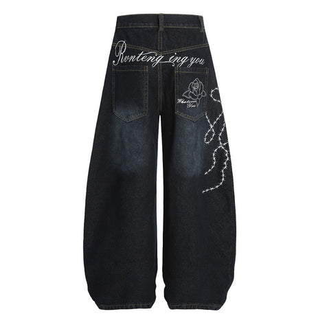Streetwear High Street Letter Print Slash Denim Trousers Men's Work Pants Washed Vintage Loose Wide Leg Floor-Length Pants - V.I.P Digital Presence