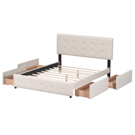 Upholstered Platform Bed with Classic Headboard and 4 Drawers No Box Spring Needed Linen Fabric Queen Size Beige - V.I.P Digital Presence