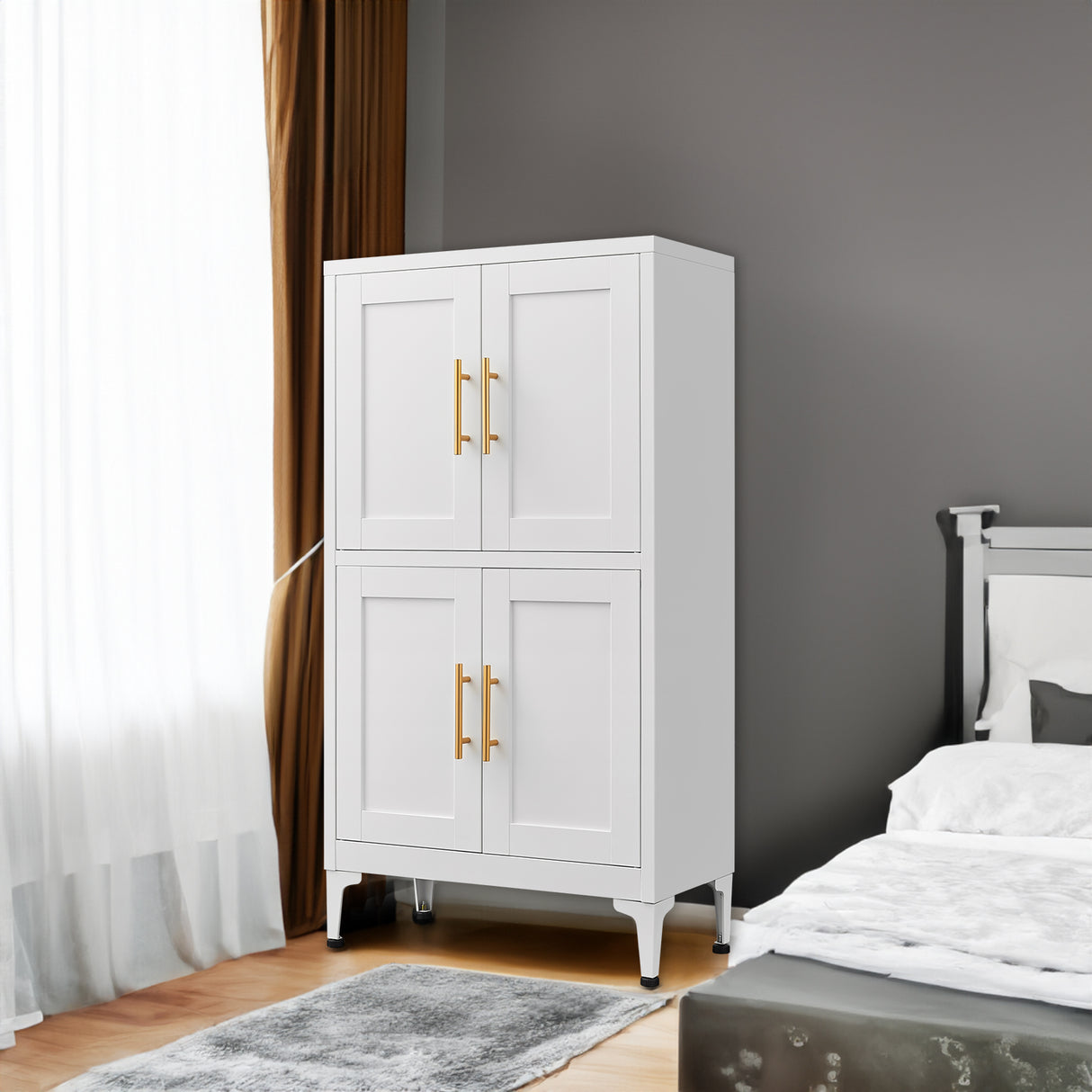 White metal kitchen storage cabinet, kitchen pantry storage cabinet with door and shelf, adjustable leveling feet - V.I.P Digital Presence