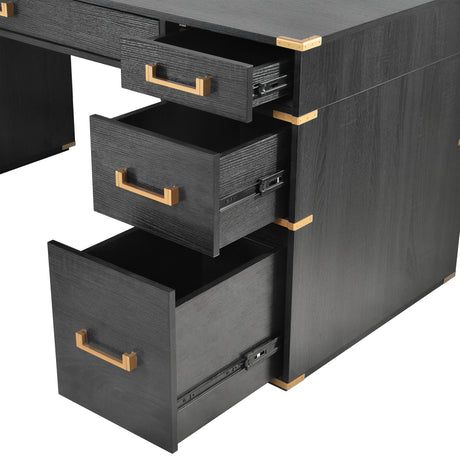 70 inch classic and traditional executive desk with metal trim, writing desk with 2 file drawers, USB ports, and sockets, black - V.I.P Digital Presence