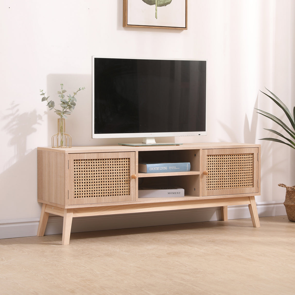 SUPERJARE Boho TV Stand for 55 Inch TV, Entertainment Center with Adjustable Shelf,Real Rattan TV Console with 2 Cabinets - V.I.P Digital Presence