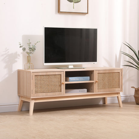 SUPERJARE Boho TV Stand for 55 Inch TV, Entertainment Center with Adjustable Shelf,Real Rattan TV Console with 2 Cabinets - V.I.P Digital Presence