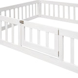 Full Size Wood House Bed with Fence and Door White Wash