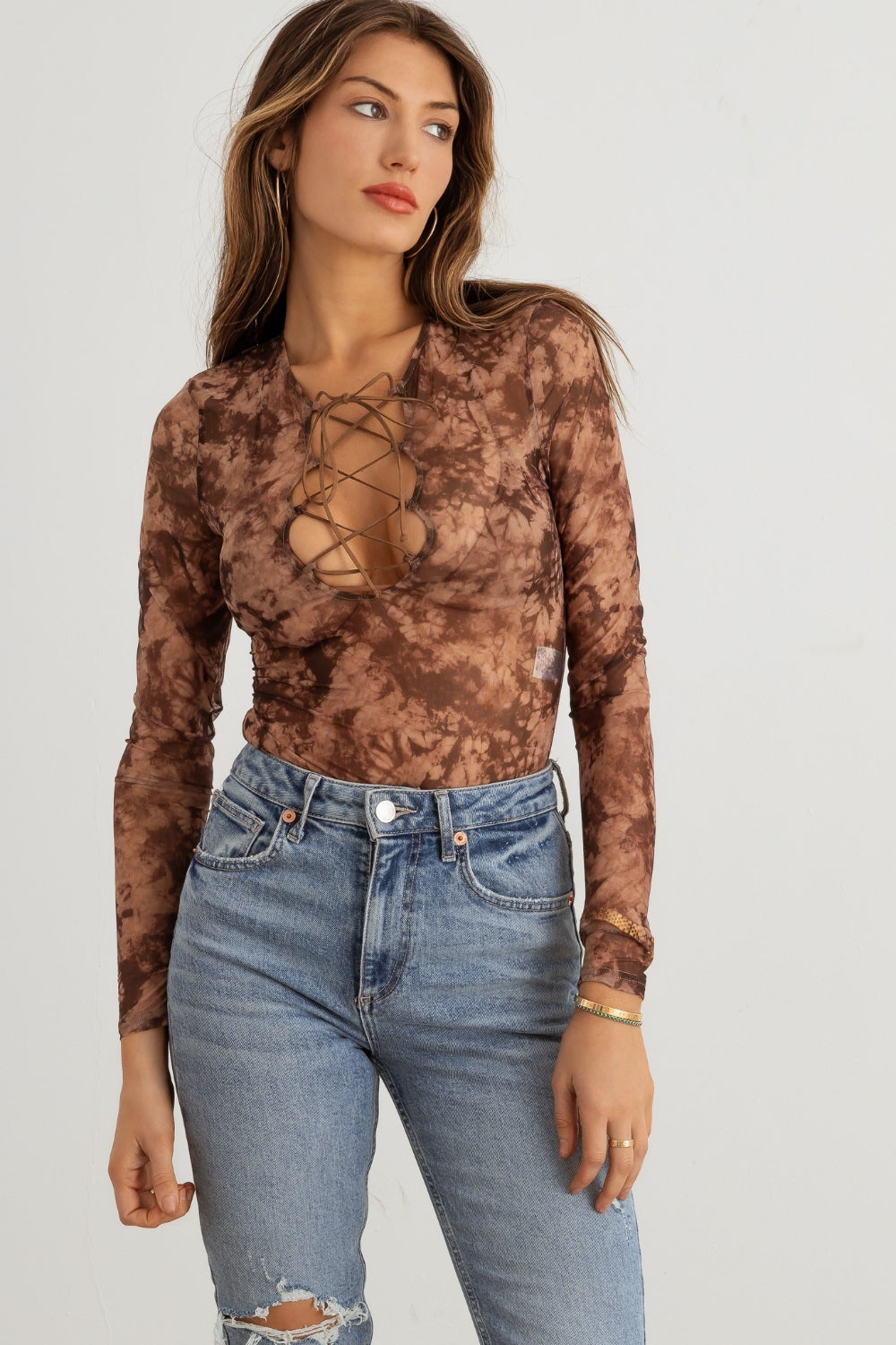 Vivid Veil Abstract Mesh Lace-Up Long Sleeve Bodysuit