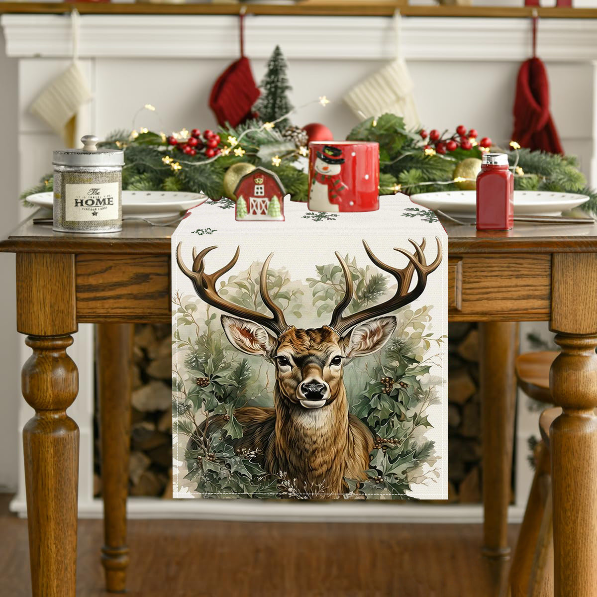 Reindeer printed table flag Christmas snowflake linen tablecloth holiday decoration table cloth tea flag pad - V.I.P Digital Presence