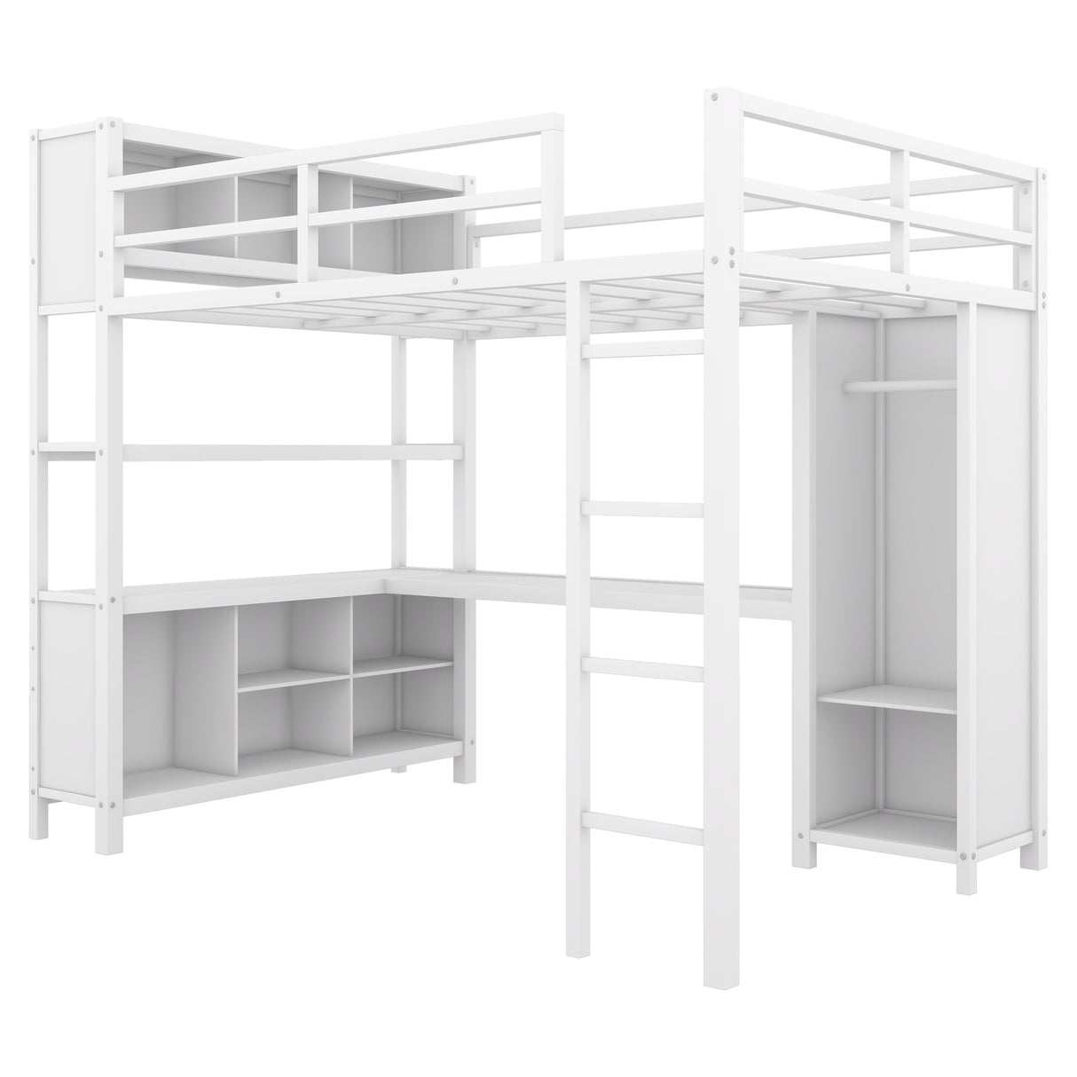 Metal loft bed with wardrobe and L-shaped desk, full-size loft bed with storage cabinet and shelf, white - V.I.P Digital Presence