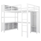 Metal loft bed with wardrobe and L-shaped desk, full-size loft bed with storage cabinet and shelf, white - V.I.P Digital Presence