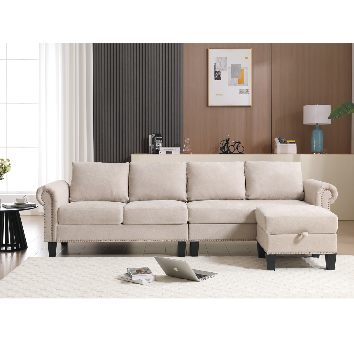 Convertible Sectional Sofa with Storage,L-shaped sofa,Four-seater sofa,Modern Linen Fabric Sectional Couches Beige - V.I.P Digital Presence