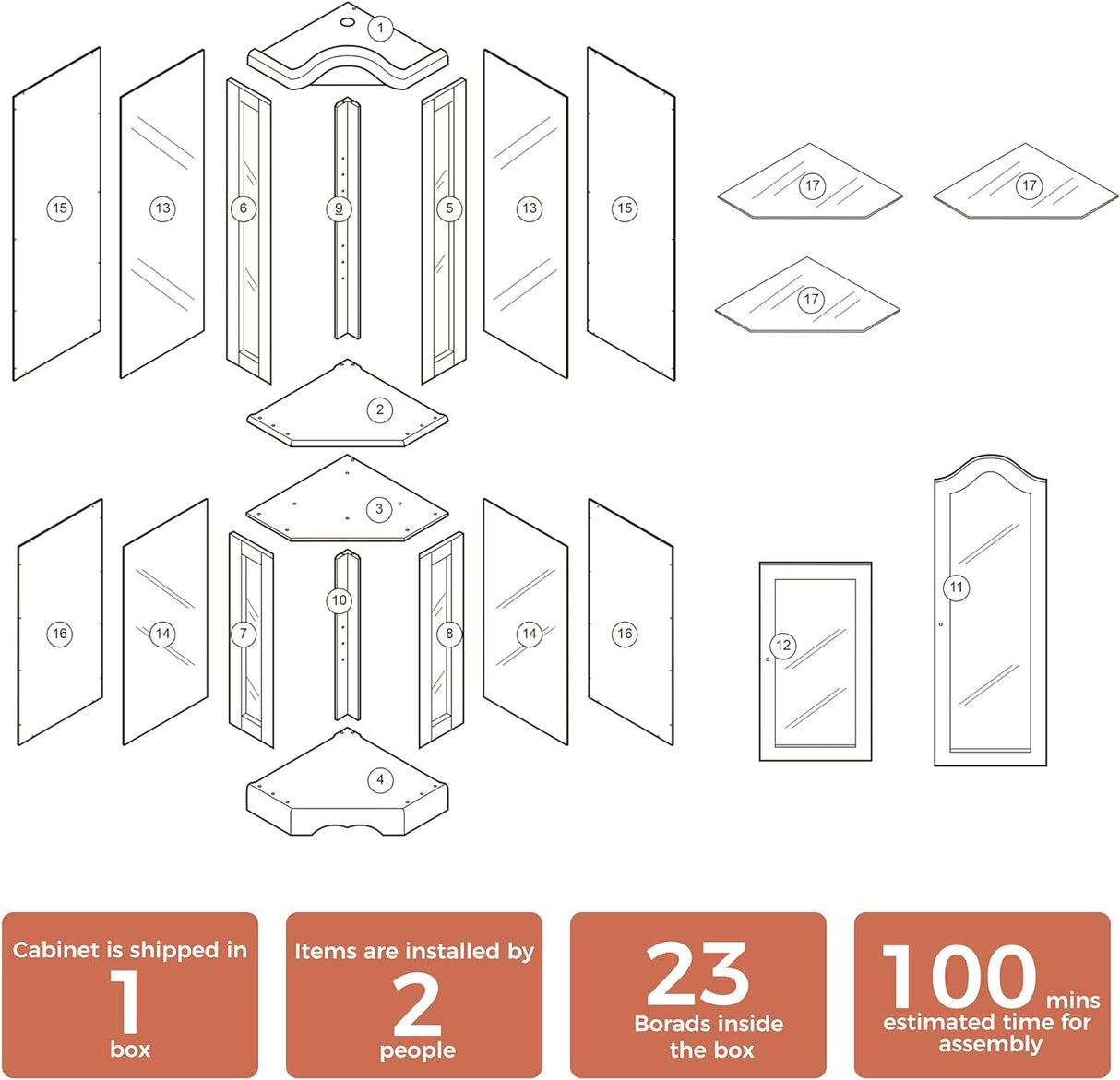 Corner Curio cabinet, adjustable tempered glass frame, rearview mirror, display cabinet, walnut wood (excluding E26 bulbs) - V.I.P Digital Presence