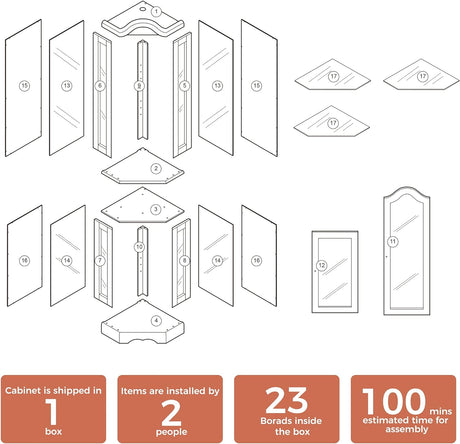 Corner Curio cabinet, adjustable tempered glass frame, rearview mirror, display cabinet, walnut wood (excluding E26 bulbs) - V.I.P Digital Presence