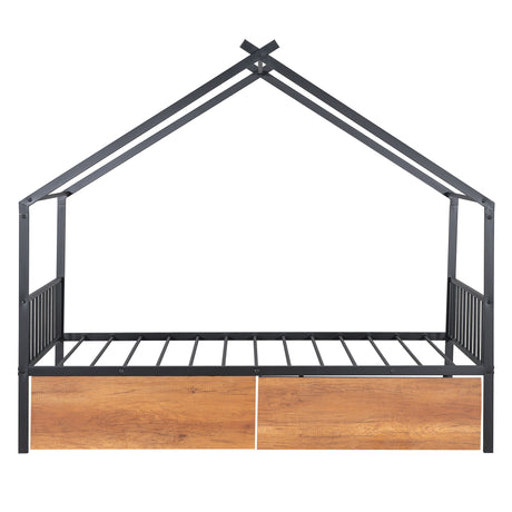 Twin Size Metal House Bed with Two Drawers, Black - V.I.P Digital Presence