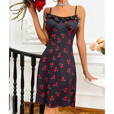 Sexy lingerie, sexy women's suspender, cherry heart printed home clothes, nightgown - V.I.P Digital Presence