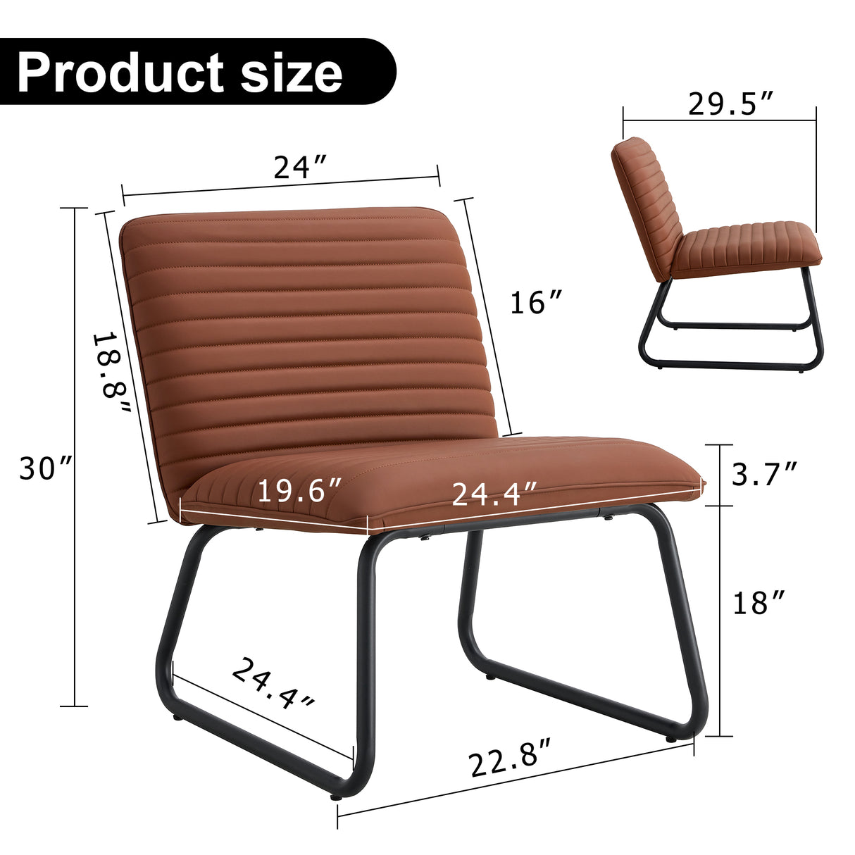 Brown minimalist armless sofa chair with PU backrest and black metal legs