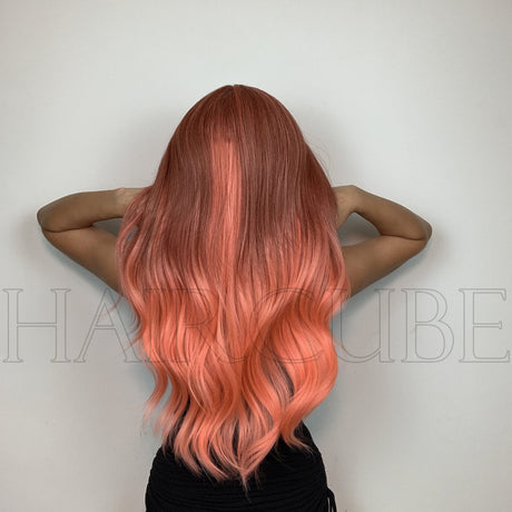 Long Curly Hair 24inch Women's Wig Set In The Middle Part Orange Pink - V.I.P Digital Presence