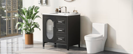 30" Bathroom Vanity with Sink, Bathroom Vanity Cabinet with Two Drawers and Door, Adjustable Shelf, Solid Wood and MDF, Black - V.I.P Digital Presence
