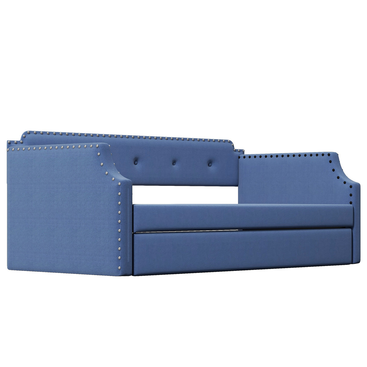 Upholstered Daybed with Trundle, Wood Slat Support,Upholstered Frame Sofa Bed Twin Blue - V.I.P Digital Presence
