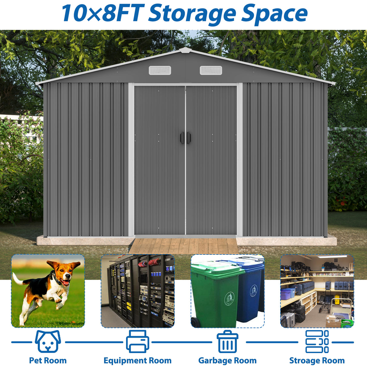 10X8 FT outdoor tool storage shed with metal foundation and lockable door, all-weather metal shed, gray - V.I.P Digital Presence