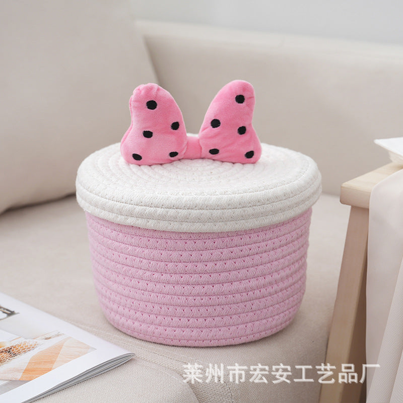 Cartoon cute home desktop sundries storage basket bedroom ornaments cotton rope storage basket with lid - V.I.P Digital Presence