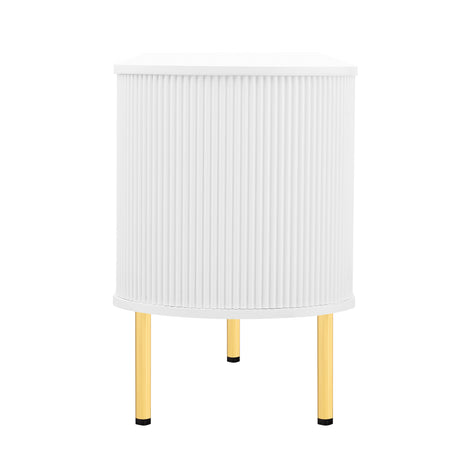 U-Can Modern TV Stand for TVs up to 80 Inches, Entertainment Center with 4 Cabinets, Wood with Metal Legs and Handles White - V.I.P Digital Presence