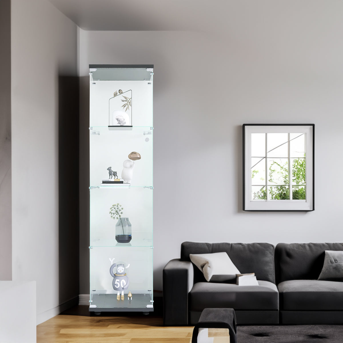 4 glass display cabinets with door shelves, floor standing antique bookshelf, 64.7 "* 16.7" * 14.3 ", black - V.I.P Digital Presence