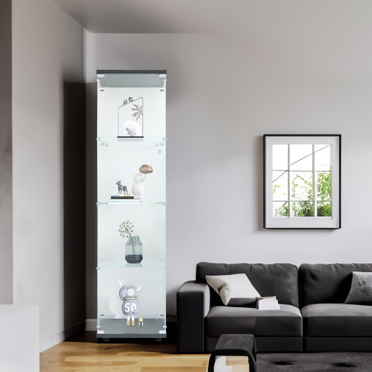 4 glass display cabinets with door shelves, floor standing antique bookshelf, 64.7 "* 16.7" * 14.3 ", black - V.I.P Digital Presence