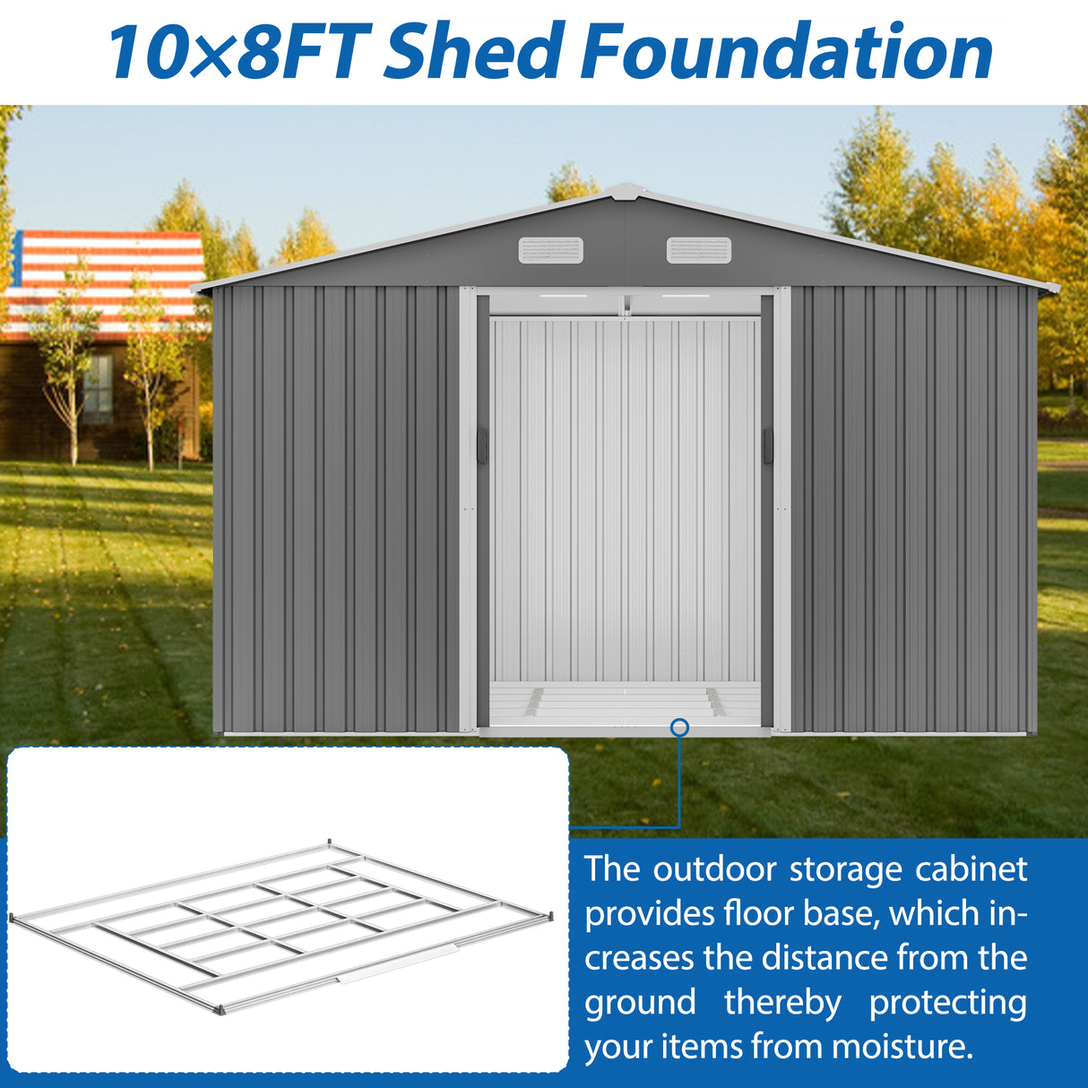 10X8 FT outdoor tool storage shed with metal foundation and lockable door, all-weather metal shed, gray - V.I.P Digital Presence
