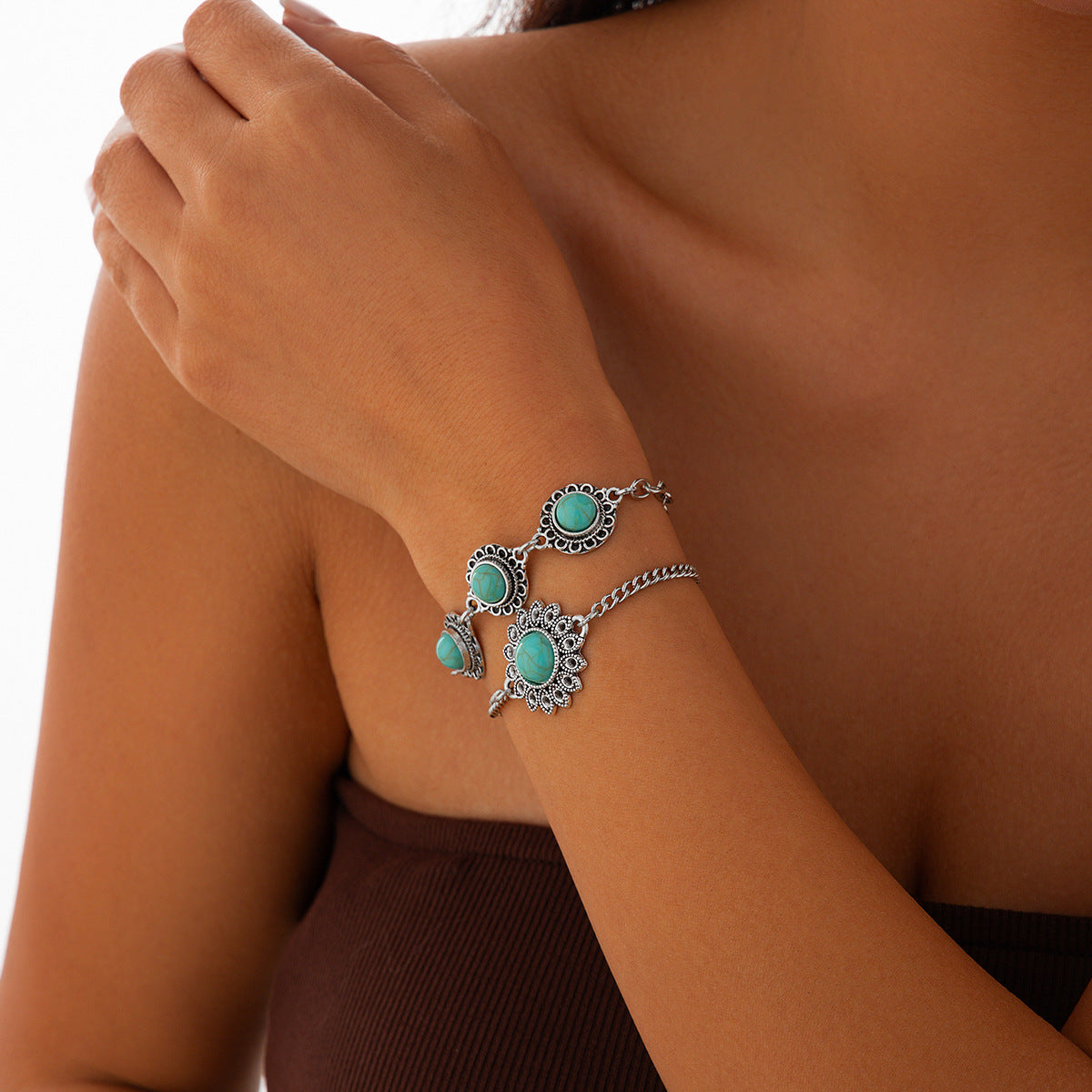 Ethnic style retro alloy turquoise bracelet Bohemian artistic bracelet set for women - V.I.P Digital Presence