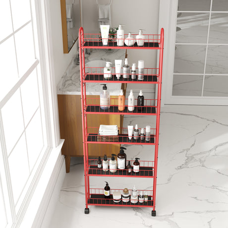 Red 6-story rolling cart gap kitchen ultra-thin sliding out storage tower shelf with wheels, 6 baskets - V.I.P Digital Presence