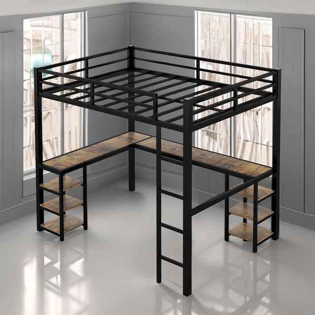 Full metal loft bed with desk and shelf, loft bed with ladder and guardrail, bedroom loft bed frame, black - V.I.P Digital Presence